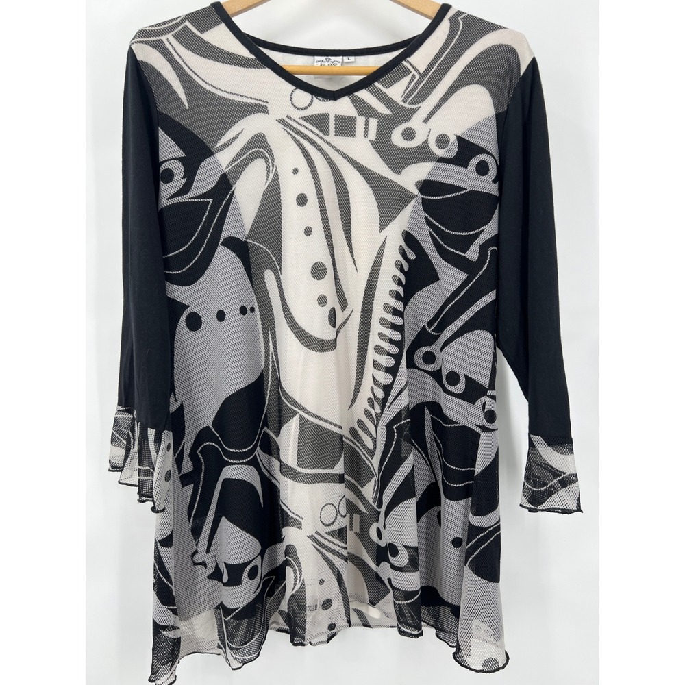 Parsley & Sage Womens Large Black White Abstract Mesh Overlay Tunic‎ V-Neck Top
